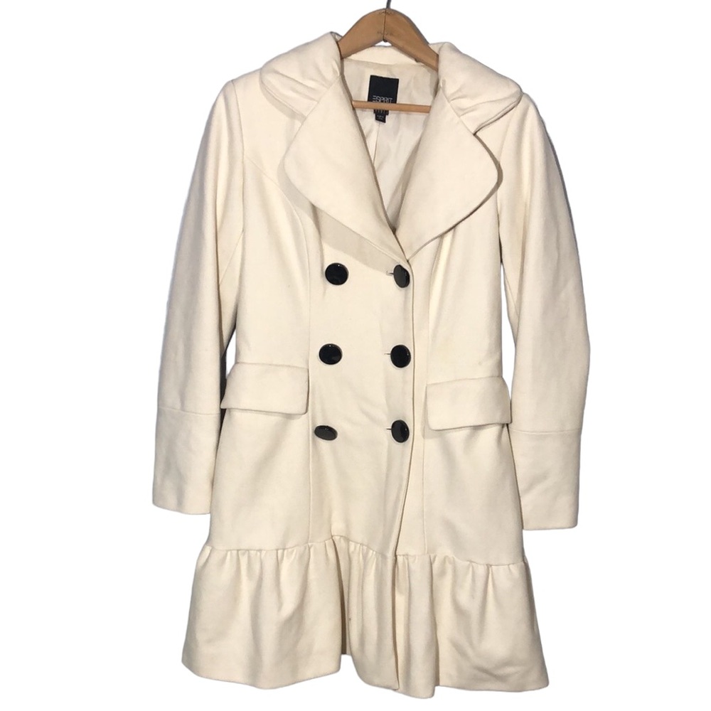 ESPRIT | Vintage Ivory Wool Blend Double Breasted Pleated Notched Collar Coat M